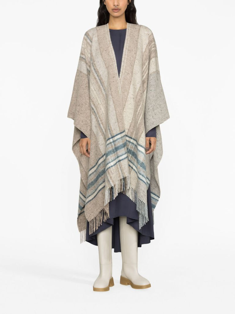 Beige Donegal Checked Fringed Wool Cape