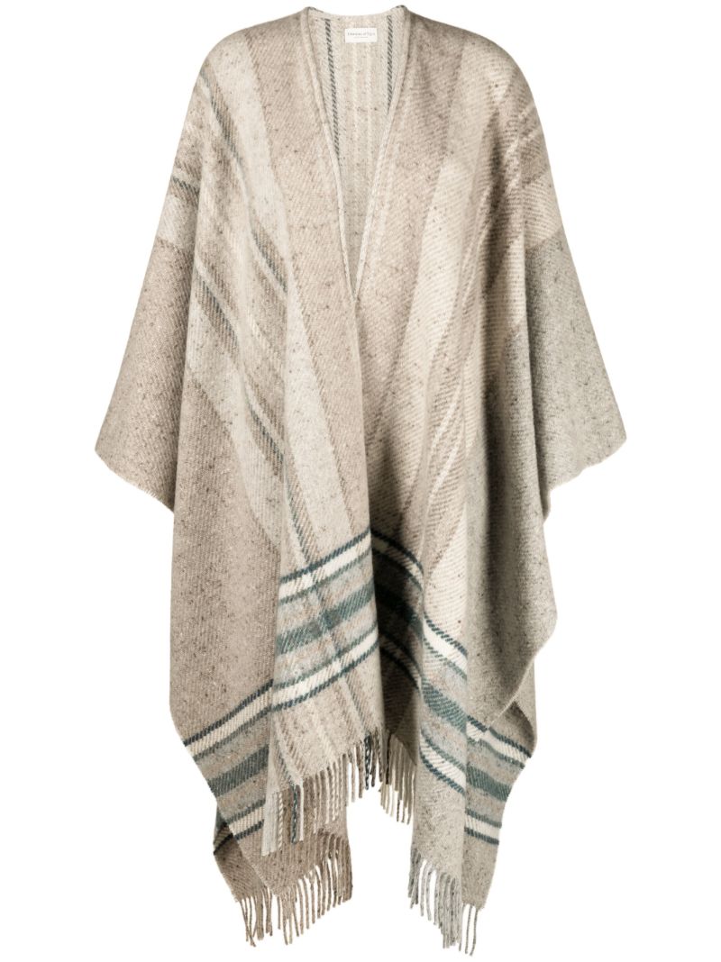 Beige Donegal Checked Fringed Wool Cape