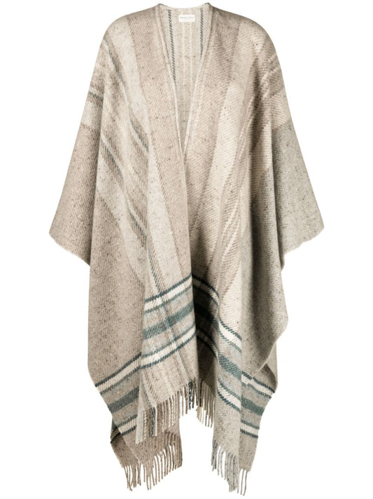 Beige Donegal Checked Fringed Wool Cape