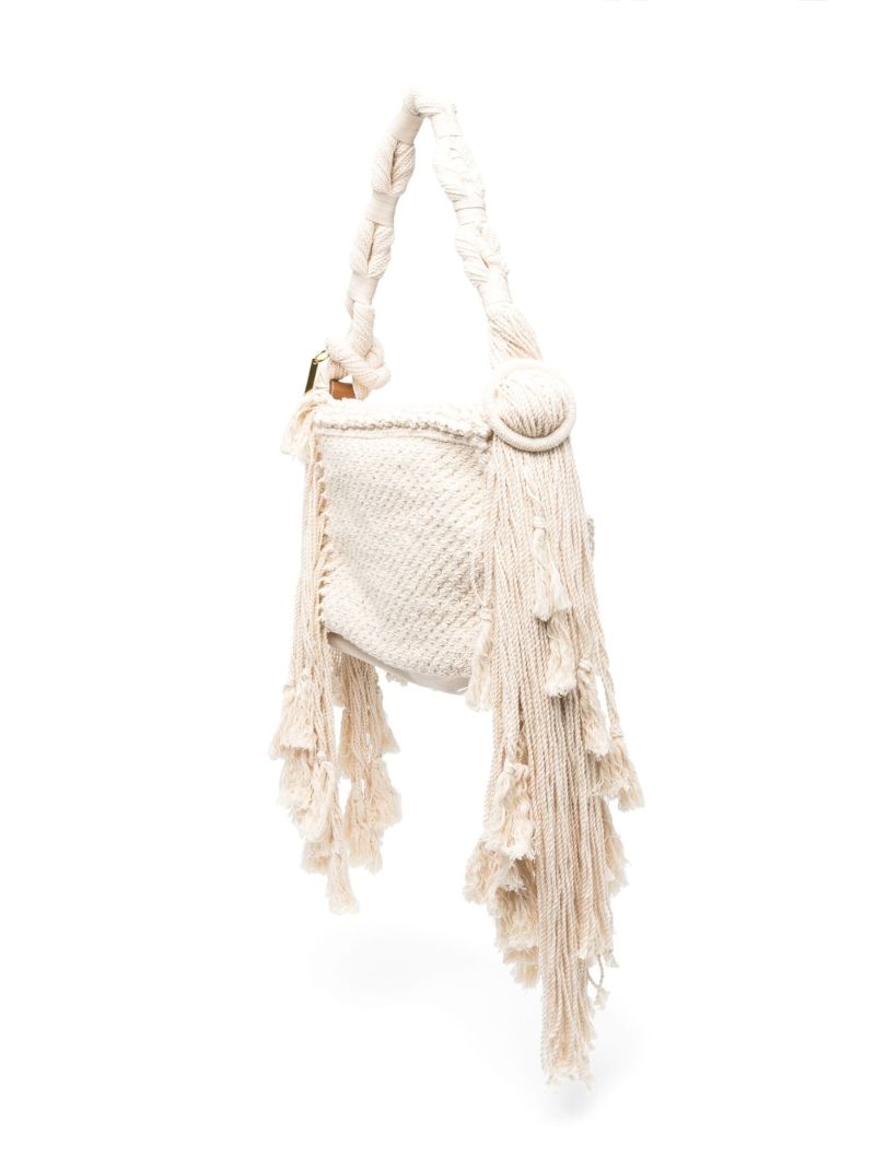 Beige Frayed Cotton Shoulder Bag