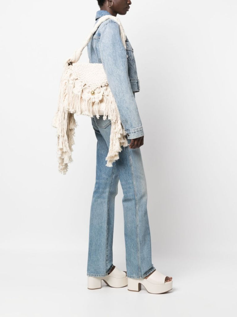 Beige Frayed Cotton Shoulder Bag