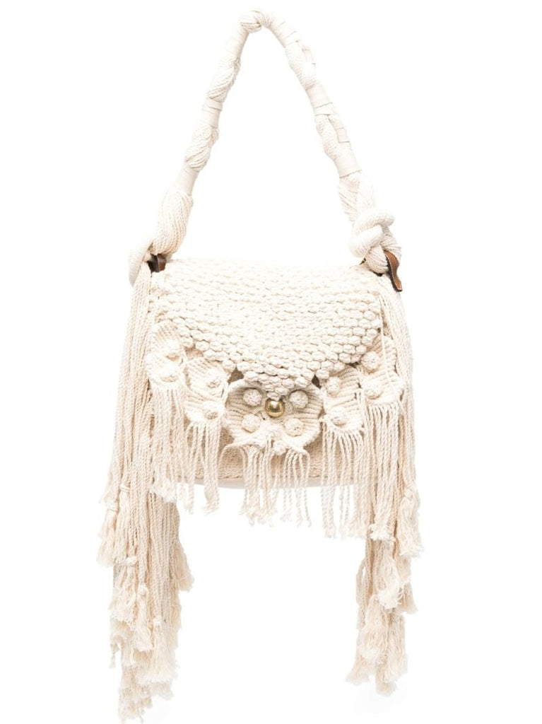 Beige Frayed Cotton Shoulder Bag