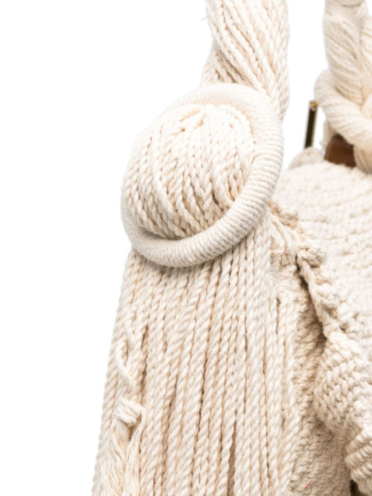 Beige Frayed Cotton Shoulder Bag