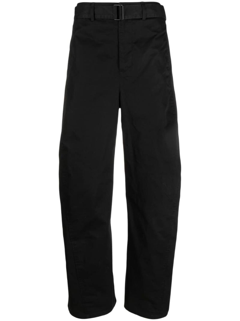 Black Cotton Belted Straight-leg Trousers