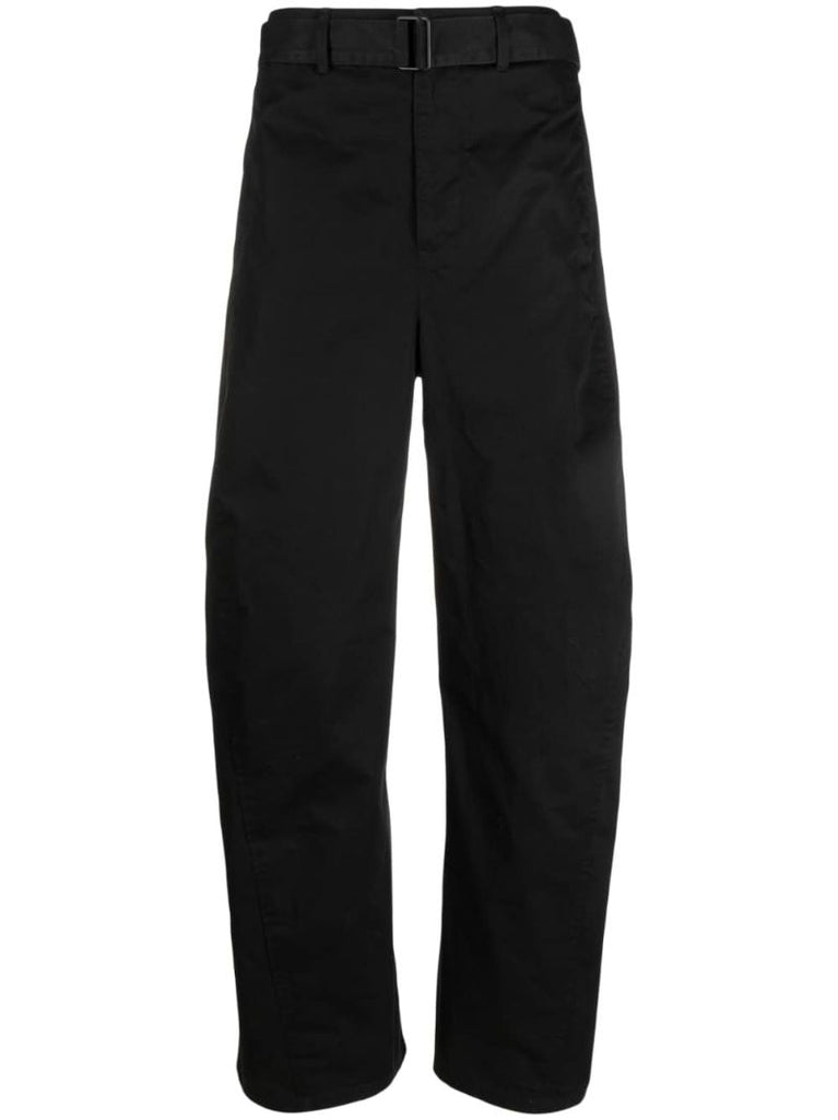 Black Cotton Belted Straight-leg Trousers