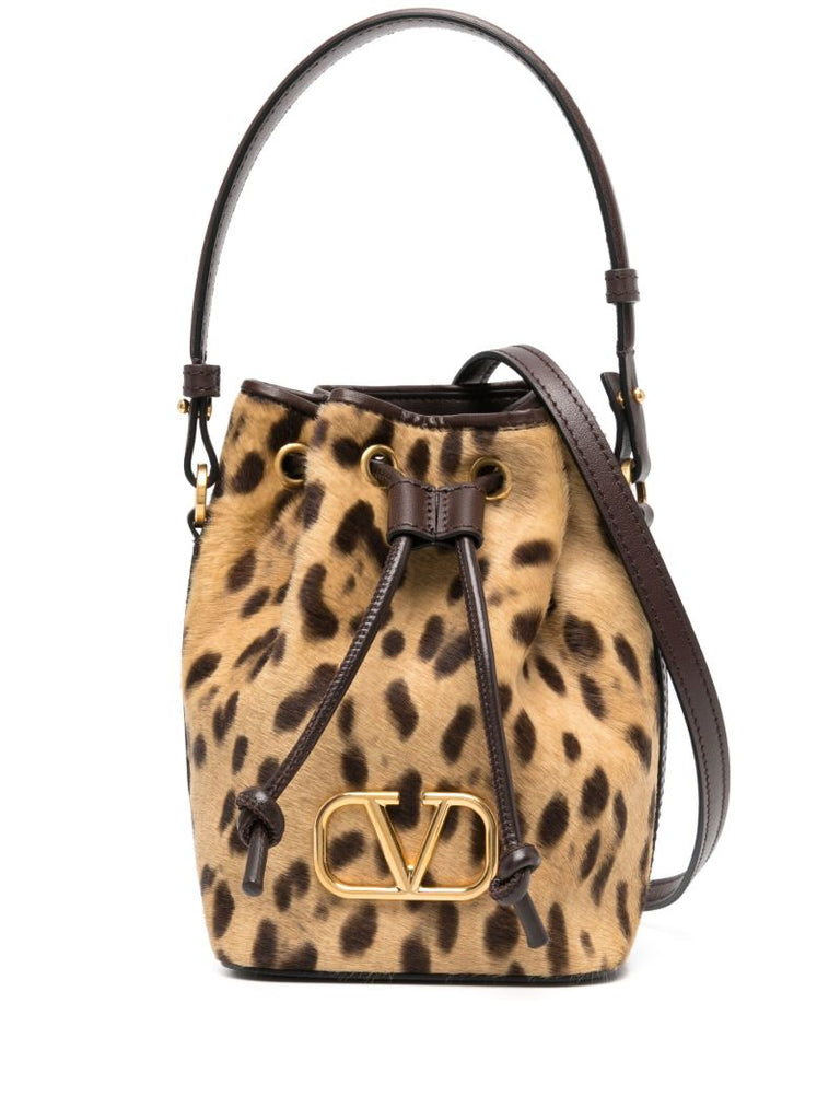 Brown Vlogo Signature Leopard-print Mini Bucket Bag