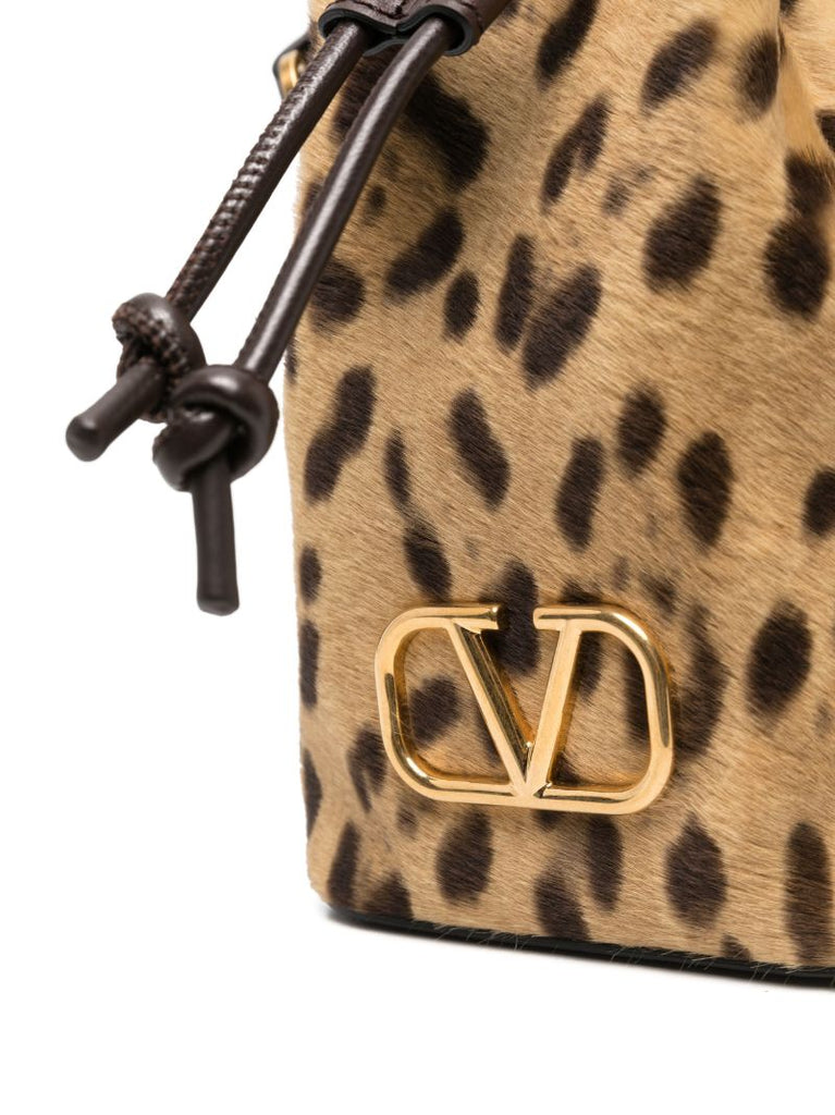 Brown Vlogo Signature Leopard-print Mini Bucket Bag