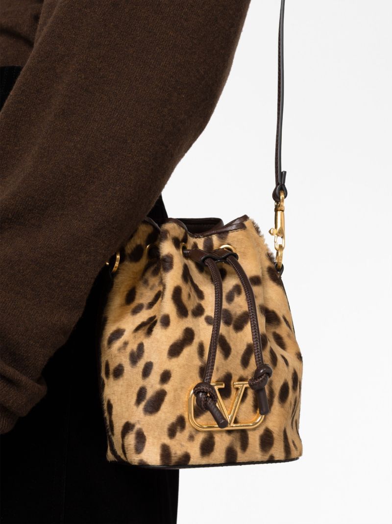 Brown Vlogo Signature Leopard-print Mini Bucket Bag