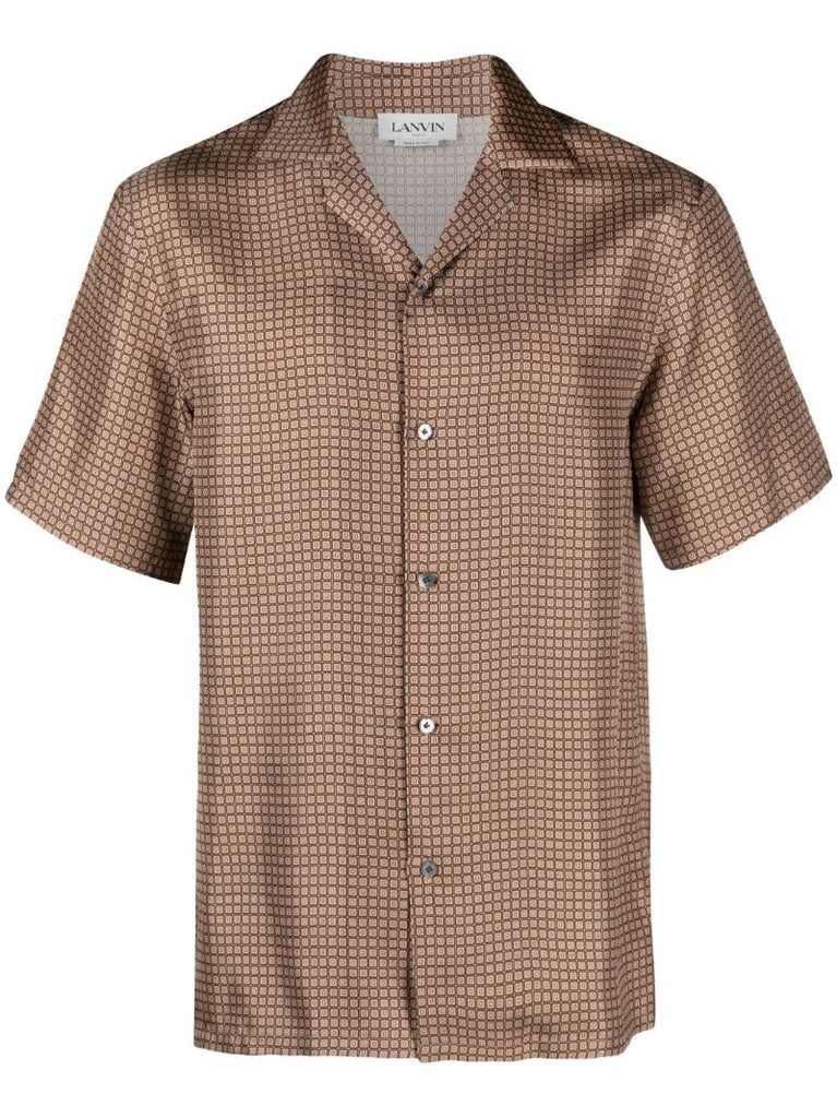 Brown Geometric-print Silk Bowling Shirt