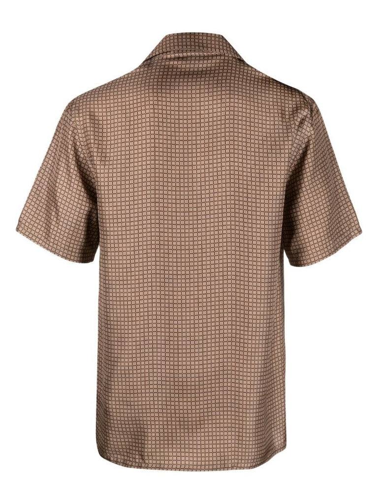 Brown Geometric-print Silk Bowling Shirt