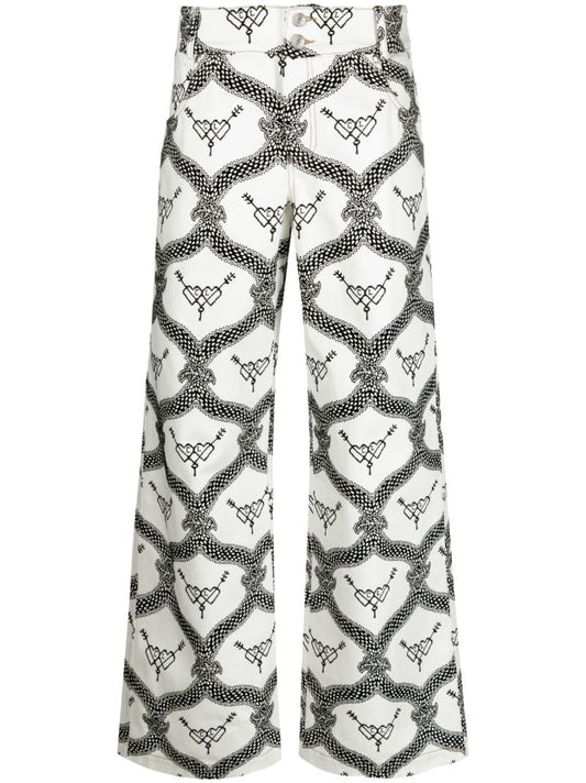 White Flocked Wide-leg Jeans
