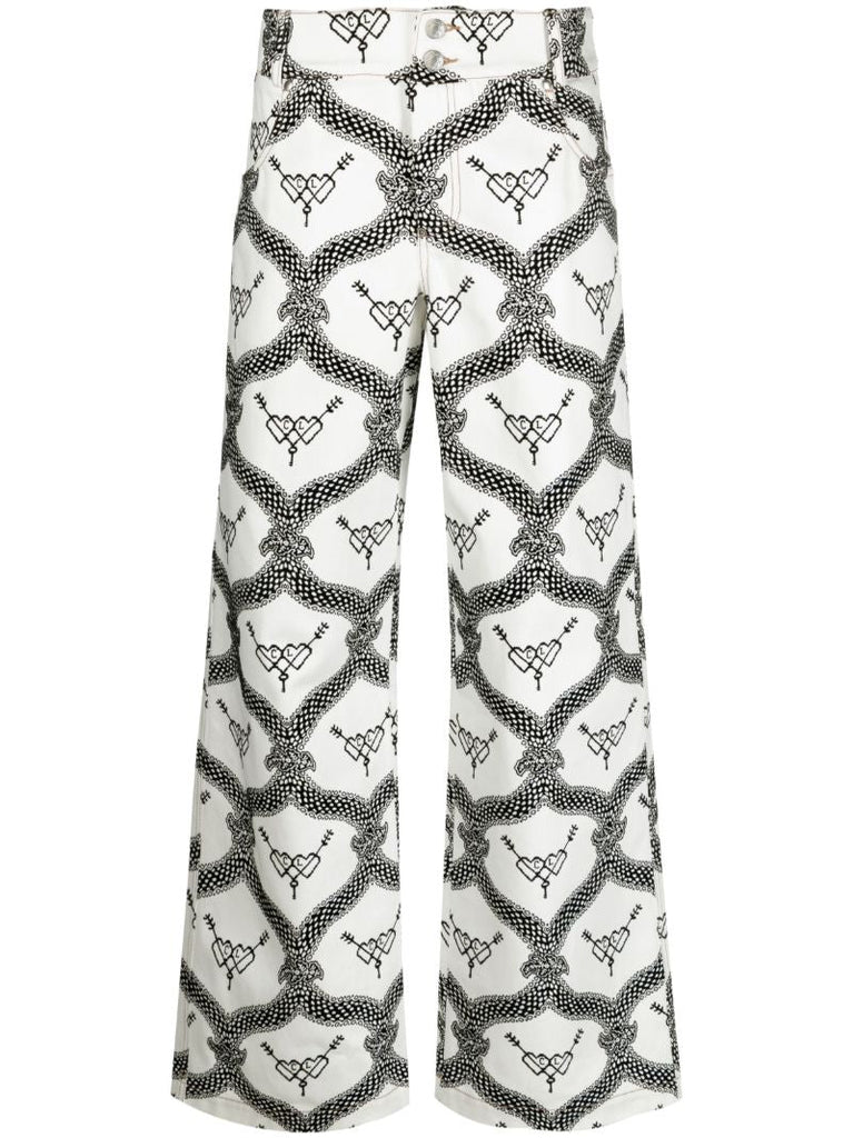 White Flocked Wide-leg Jeans