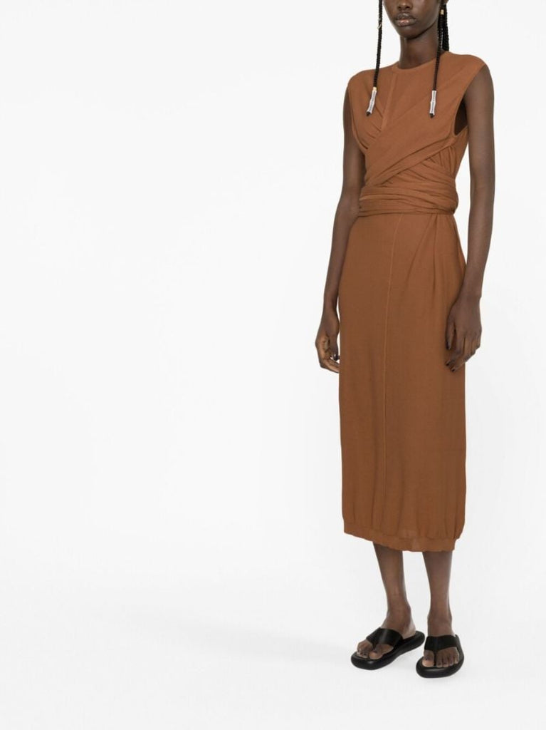 Brown Knotted Cotton Midi Dress