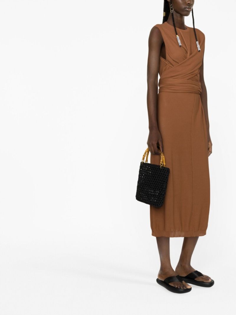 Brown Knotted Cotton Midi Dress
