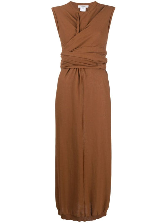 Brown Knotted Cotton Midi Dress