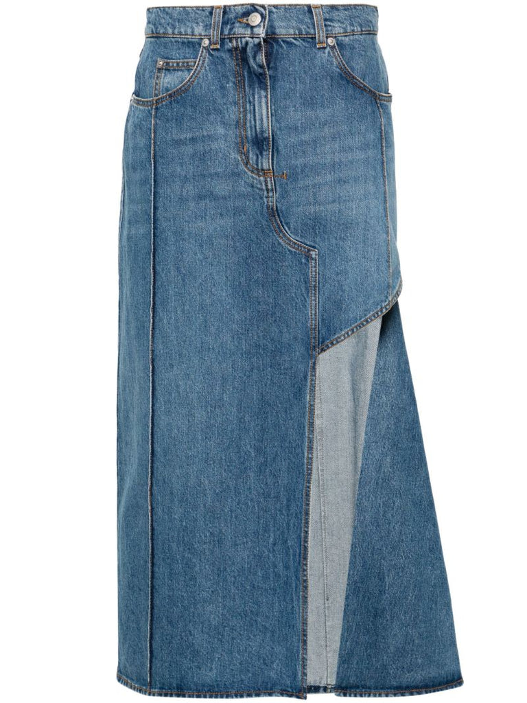 Blue Slashed Denim Midi Skirt