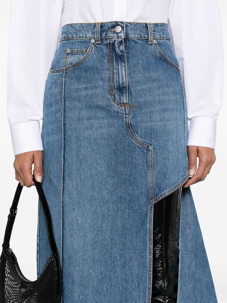 Blue Slashed Denim Midi Skirt