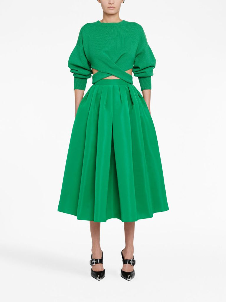Green Pleated Faille Midi Skirt