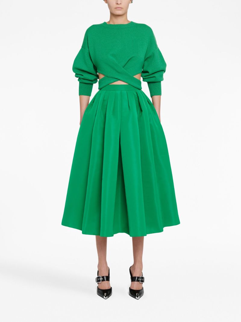 Green Pleated Faille Midi Skirt