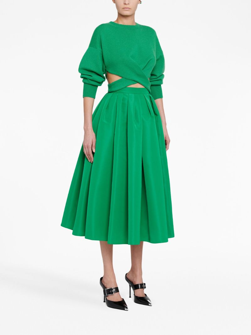 Green Pleated Faille Midi Skirt