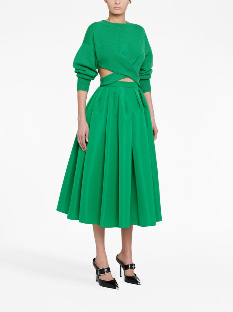 Green Pleated Faille Midi Skirt