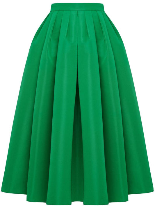 Green Pleated Faille Midi Skirt