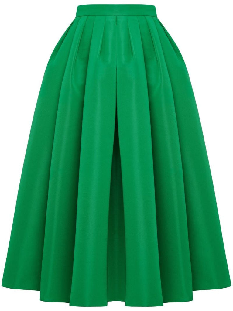 Green Pleated Faille Midi Skirt