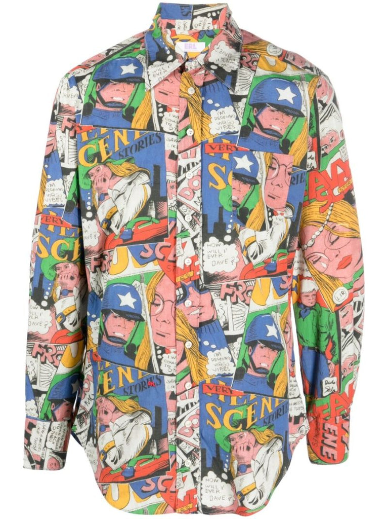 Blue Comic Book Print Cotton Shirt