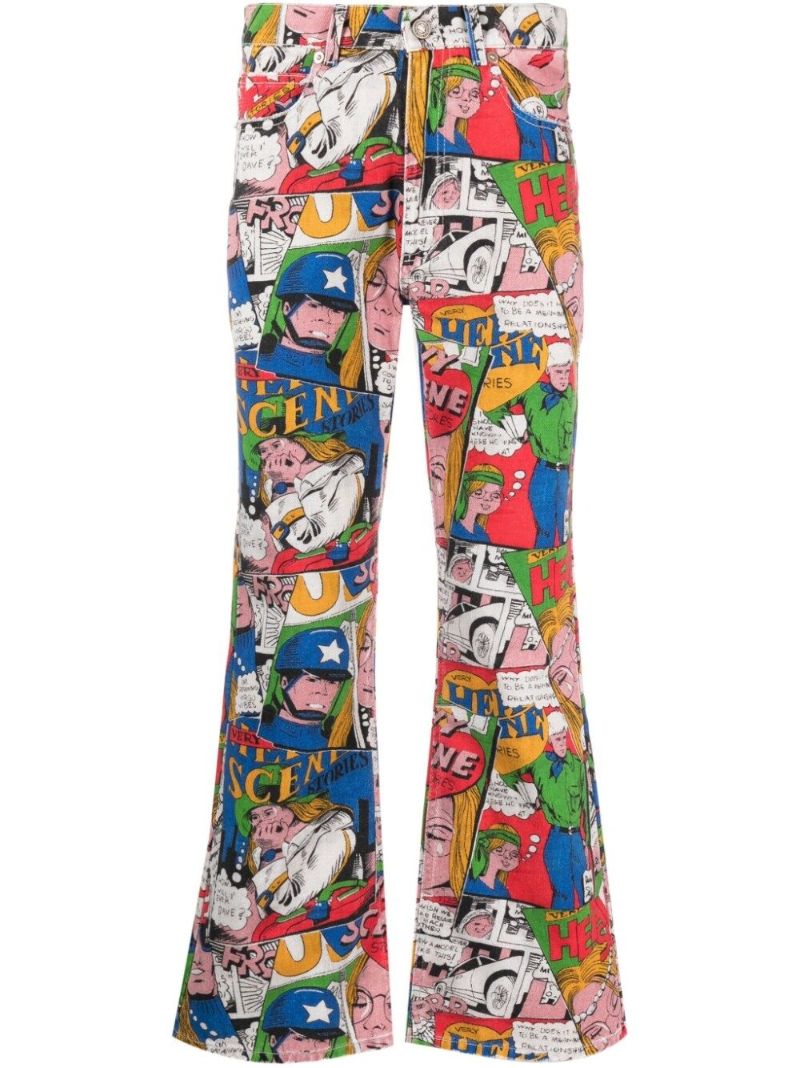 Blue Comic Print Flared Jeans