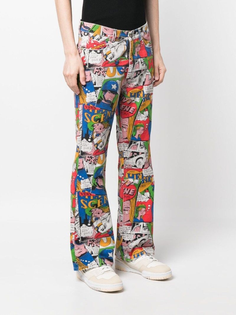 Blue Comic Print Flared Jeans