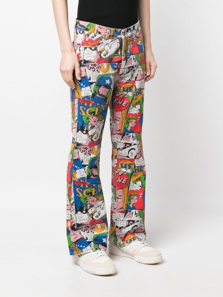 Blue Comic Print Flared Jeans