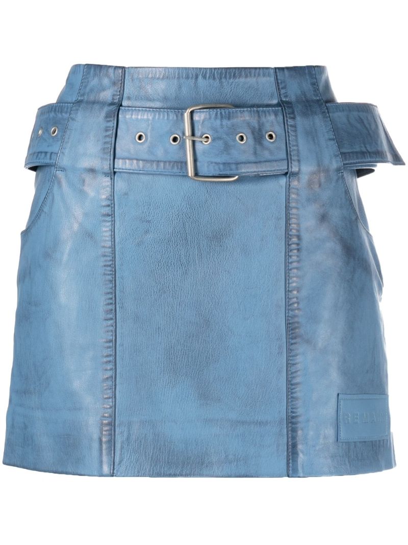 Blue Belted Leather Mini Skirt