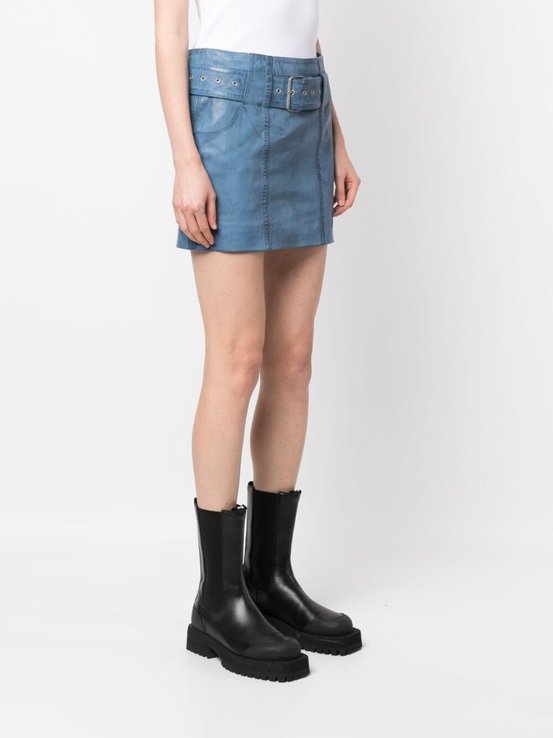 Blue Belted Leather Mini Skirt