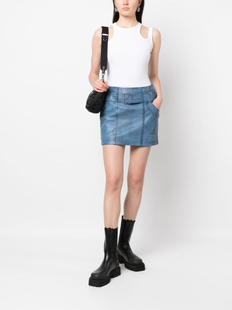 Blue Belted Leather Mini Skirt