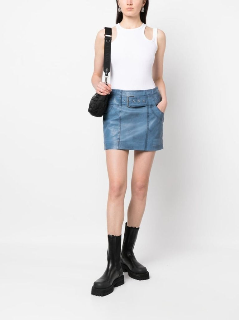 Blue Belted Leather Mini Skirt
