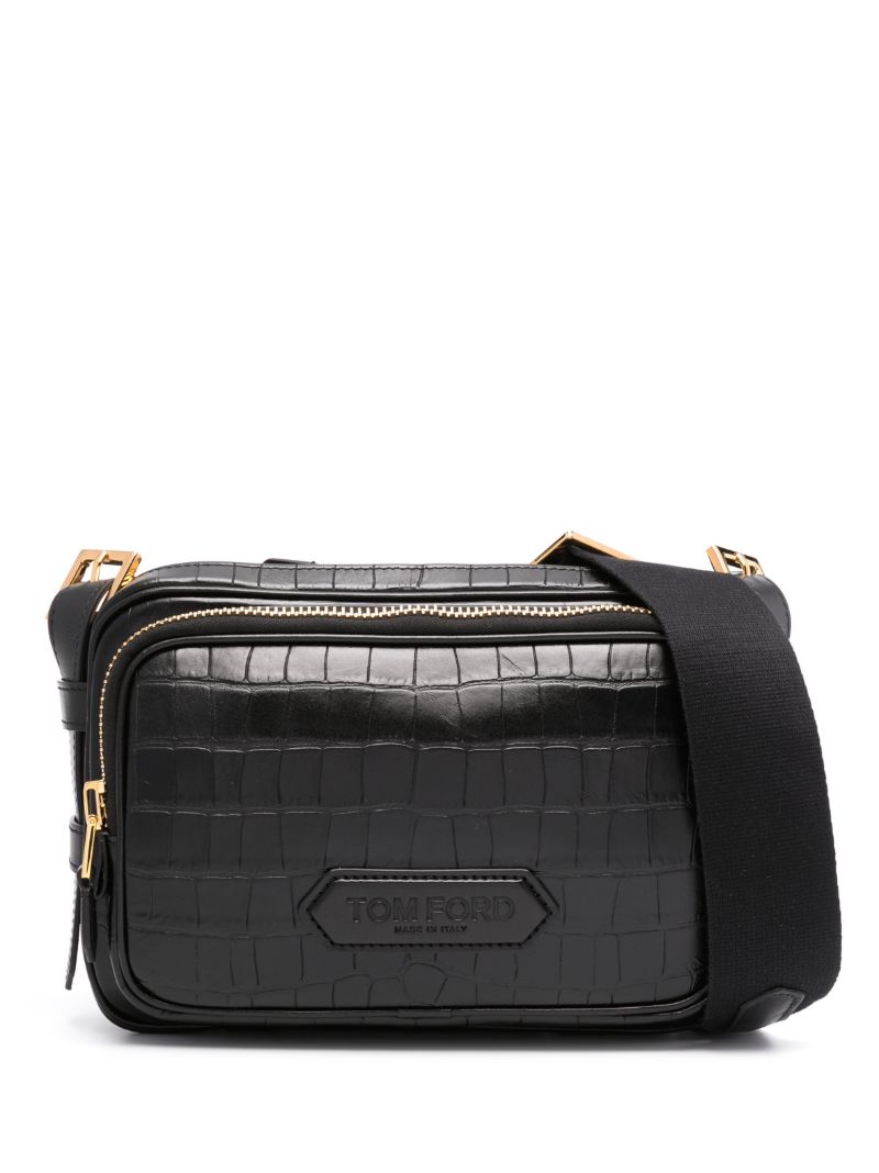 Black Double Tier Leather Messenger Bag