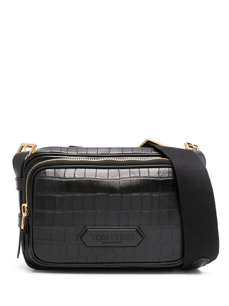 Black Double Tier Leather Messenger Bag