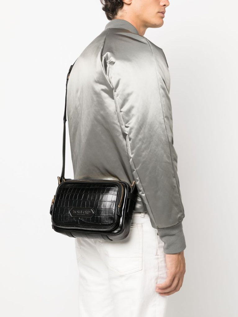 Black Double Tier Leather Messenger Bag