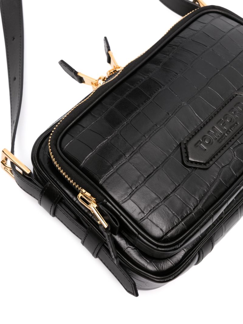 Black Double Tier Leather Messenger Bag