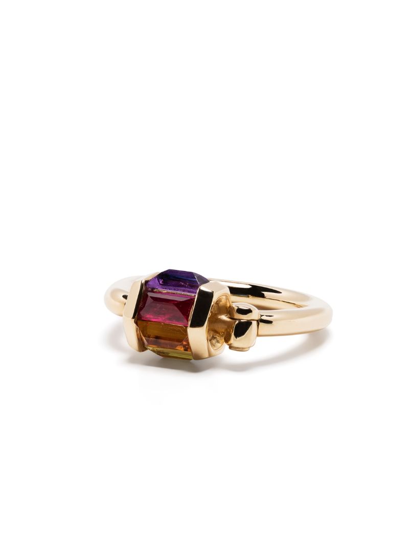 18k Yellow Gold Trundle Lock Ruby and Tourmaline Ring