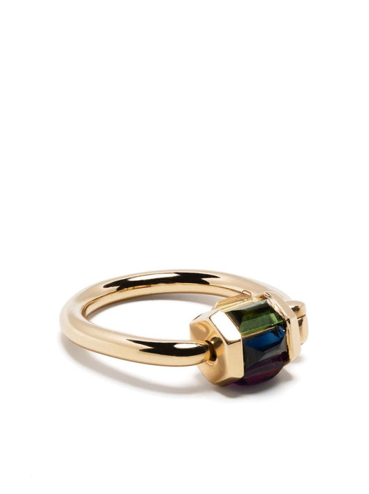 18k Yellow Gold Trundle Lock Ruby and Tourmaline Ring