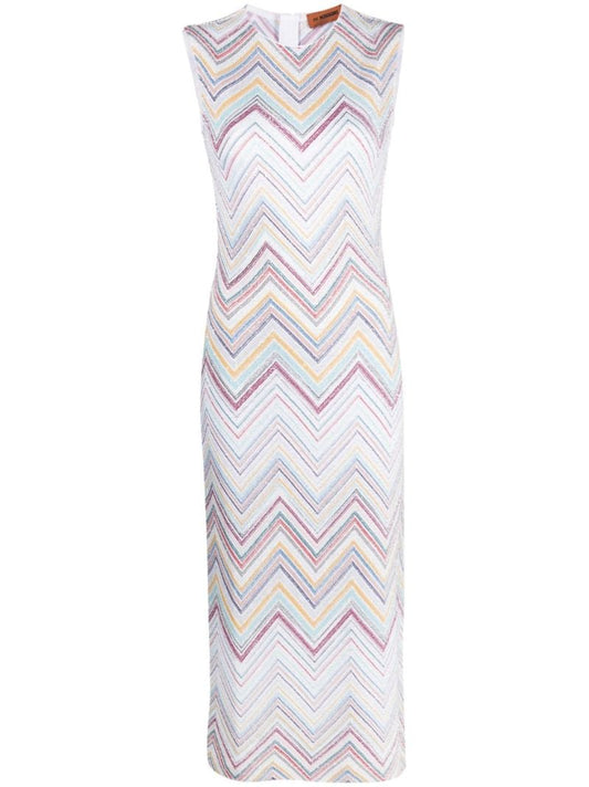 White Zigzag Knitted Sleeveless Midi Dress