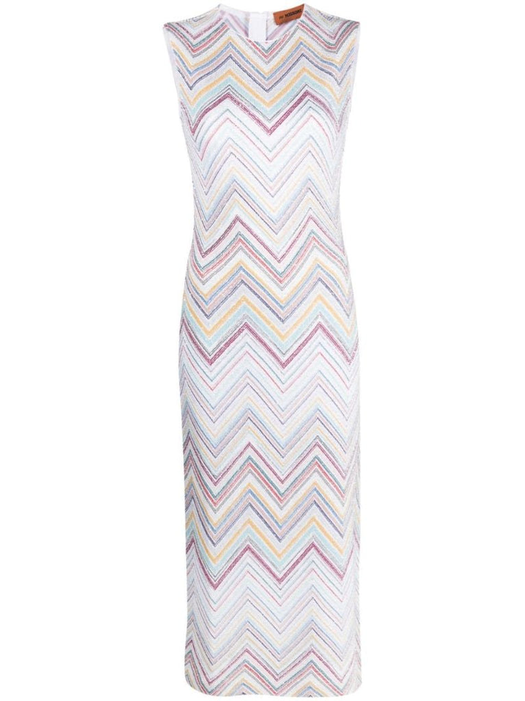 White Zigzag Knitted Sleeveless Midi Dress