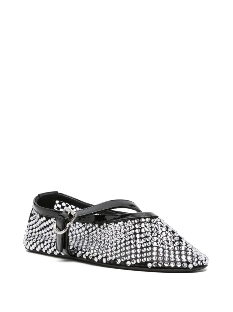 Black Rhinestone-embellished Leather Ballerina Shoes