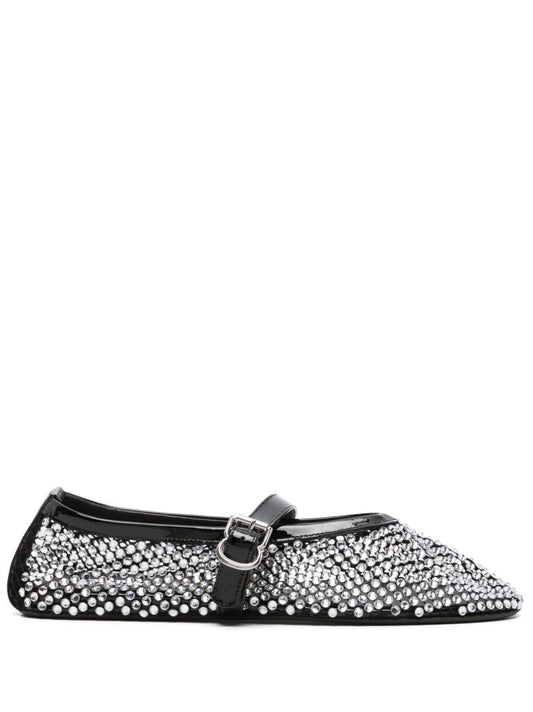 Black Rhinestone-embellished Leather Ballerina Shoes