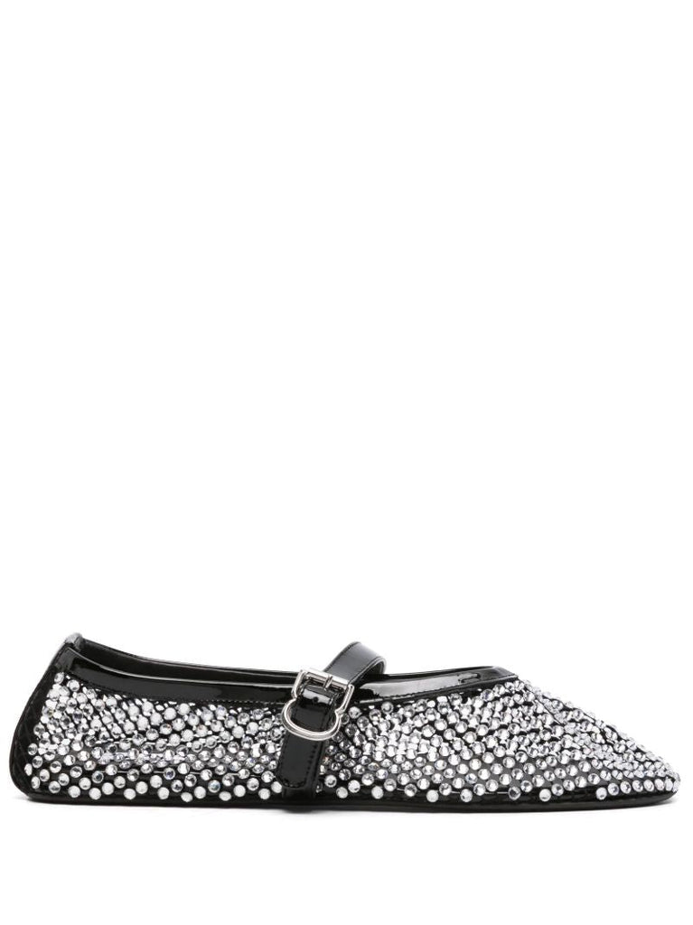 Black Rhinestone-embellished Leather Ballerina Shoes