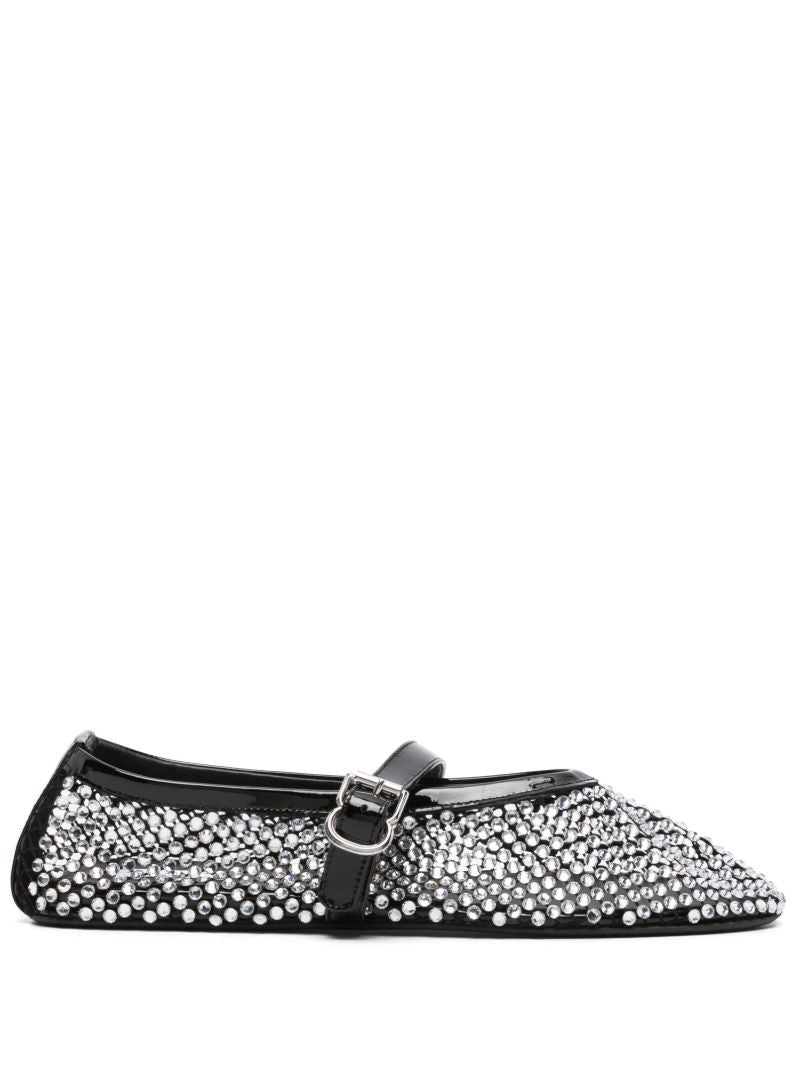 Black Rhinestone-embellished Leather Ballerina Shoes