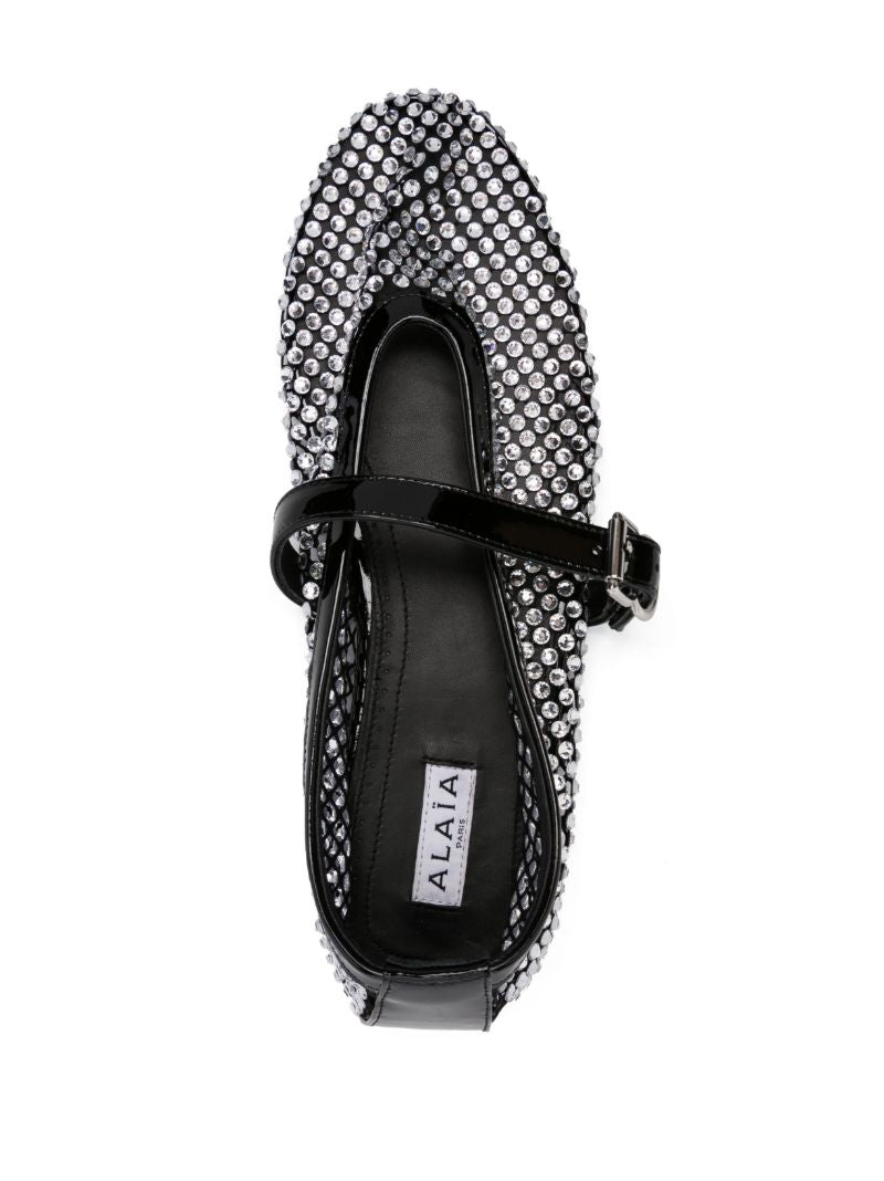 Black Rhinestone-embellished Leather Ballerina Shoes