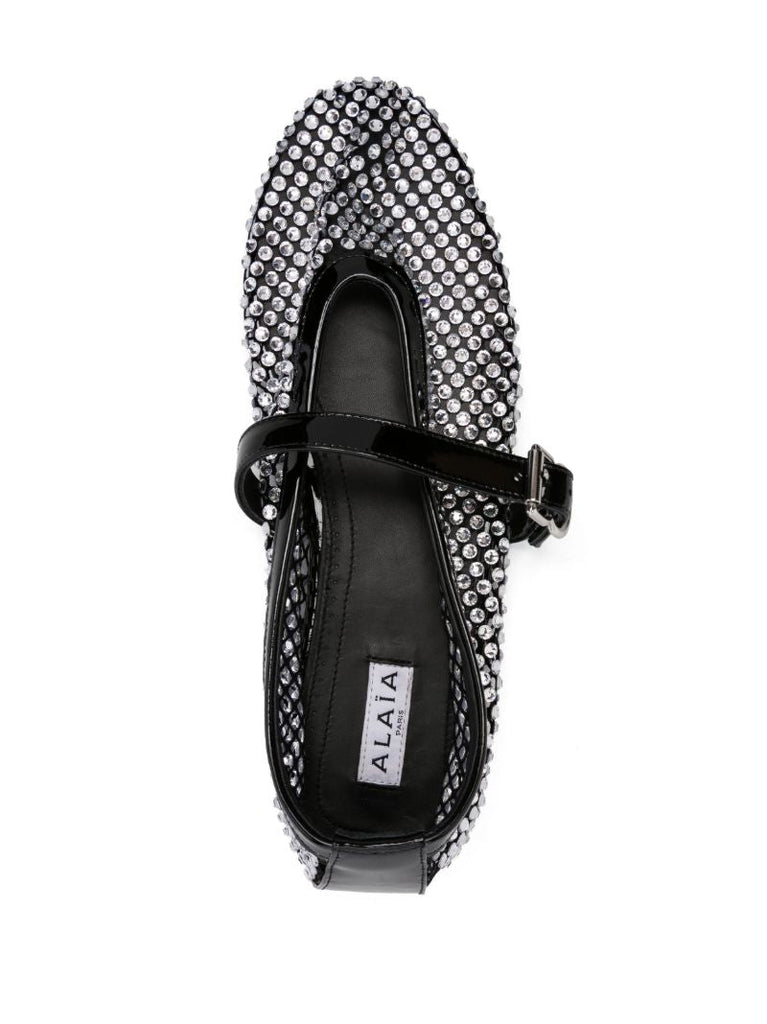 Black Rhinestone-embellished Leather Ballerina Shoes