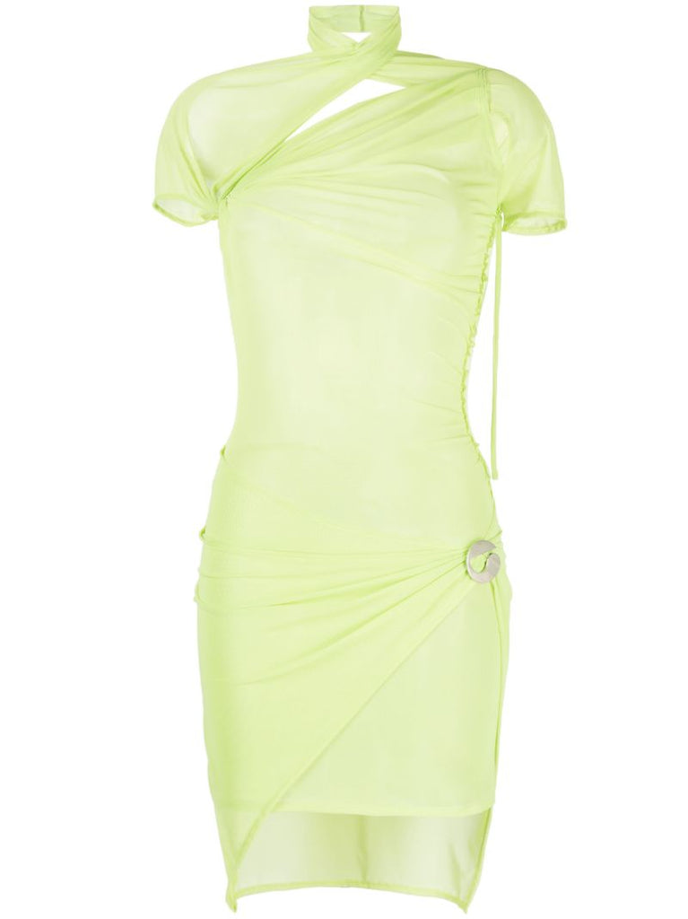 Green Asymmetric Mesh Mini Dress
